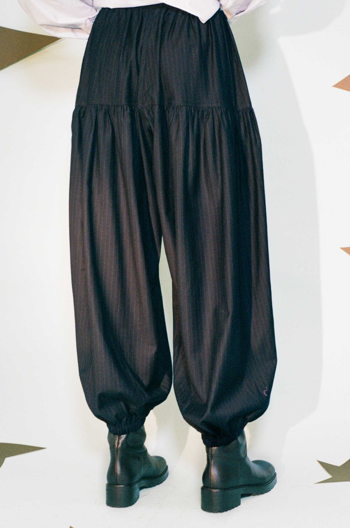 navy wool pinstripe 80s fashion jogger pant