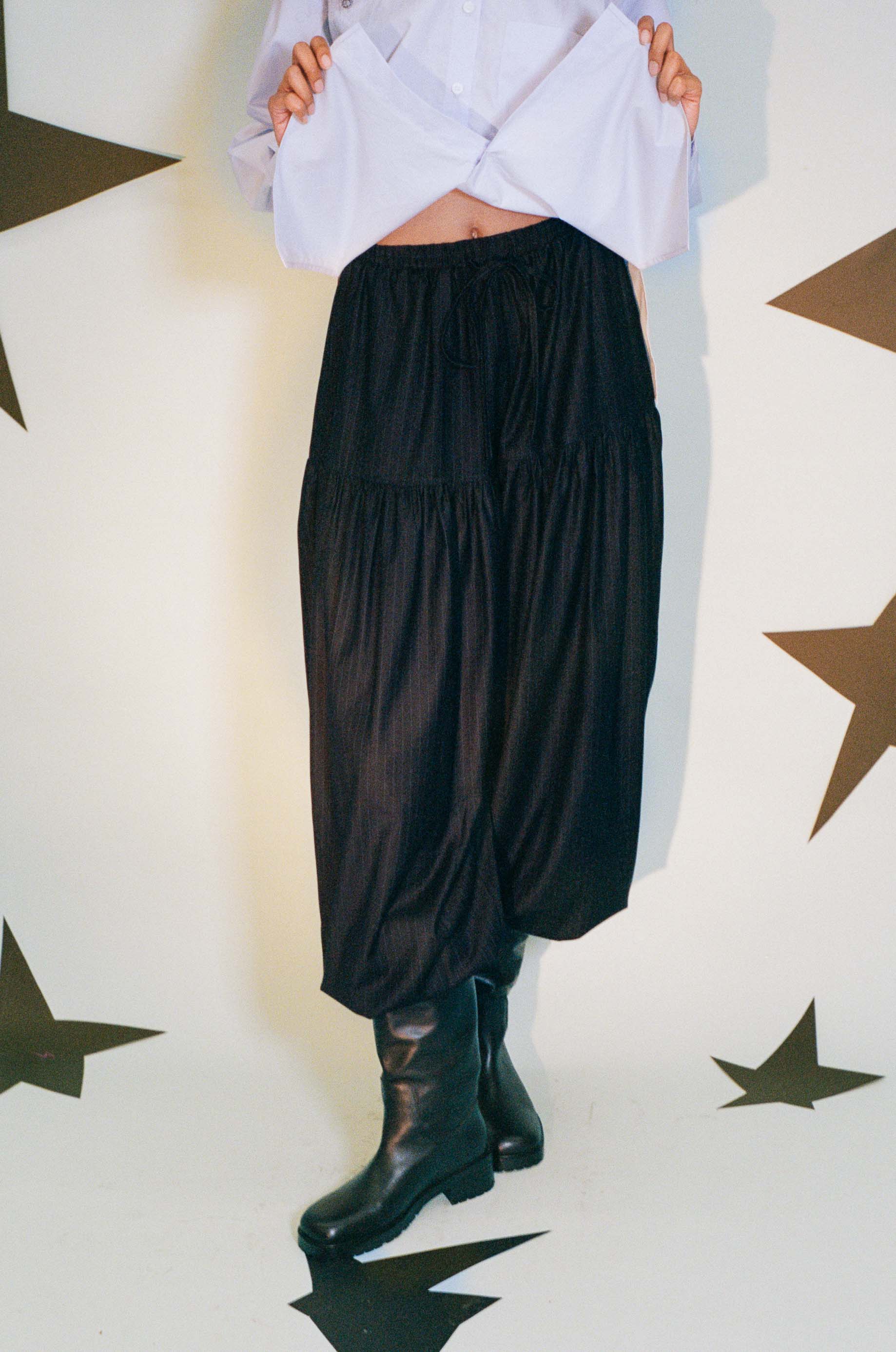 navy wool pinstripe 80s fashion jogger pant