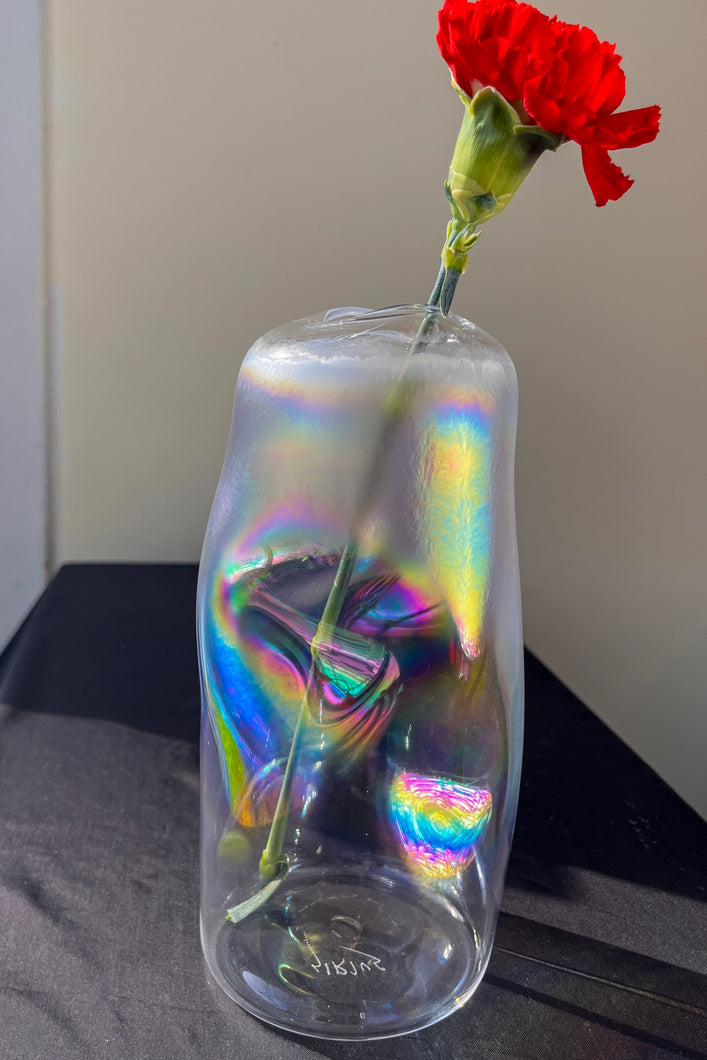 rumpled texture clear iridescent handblown glass vase