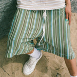 jersey pique green striped pleated basketball shorts