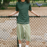 jersey pique green striped pleated basketball shorts