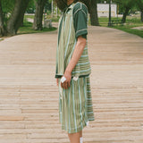 jersey pique green striped pleated basketball shorts
