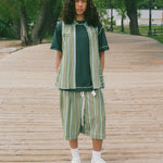 jersey pique green striped pleated basketball shorts