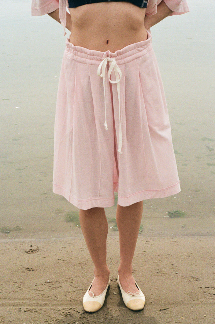 jersey pique baby pink pleated basketball shorts
