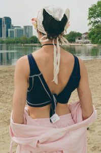 navy white stitched jersey pique sleeveless crop top