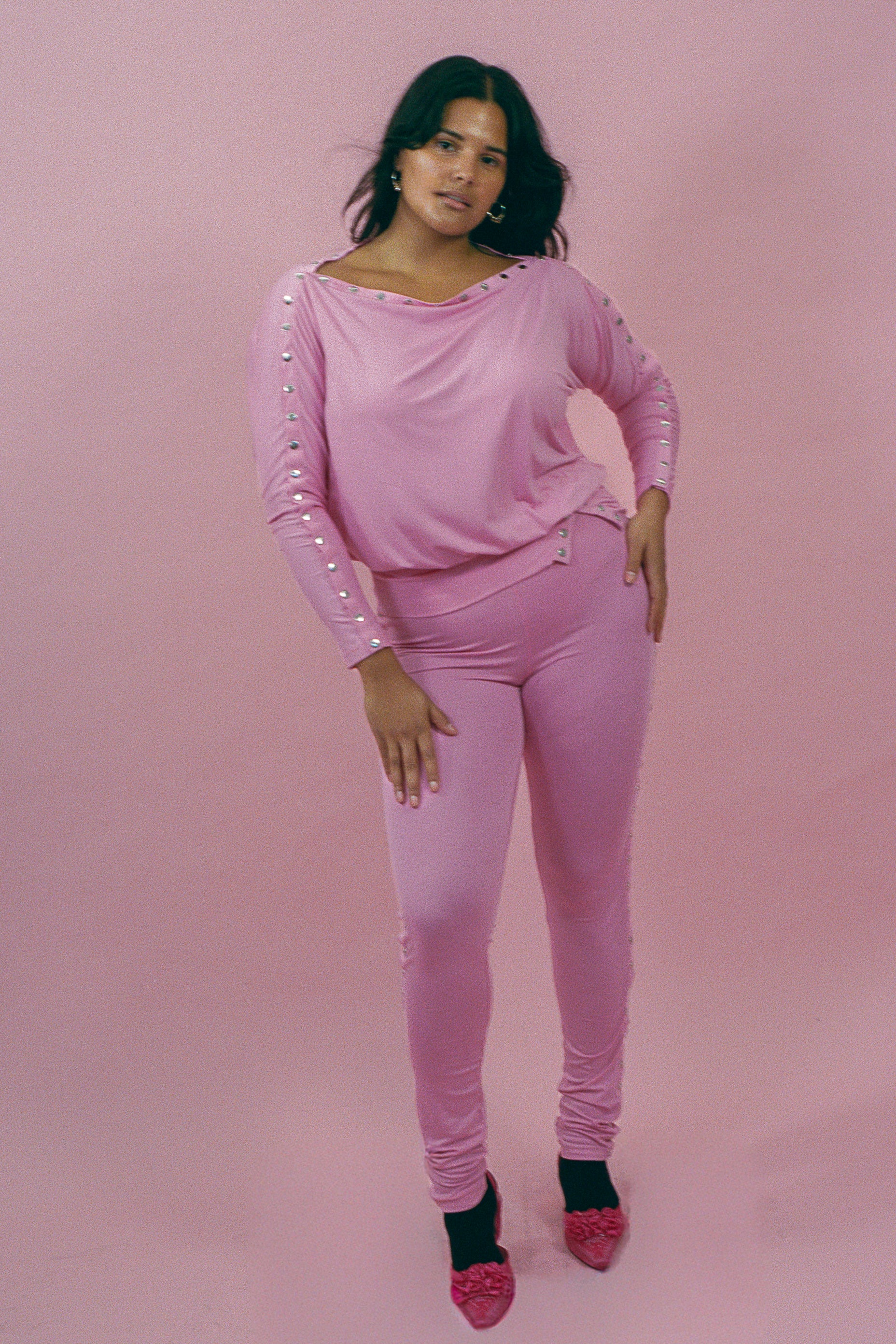 pink viscose elastane snap button fitted leggings