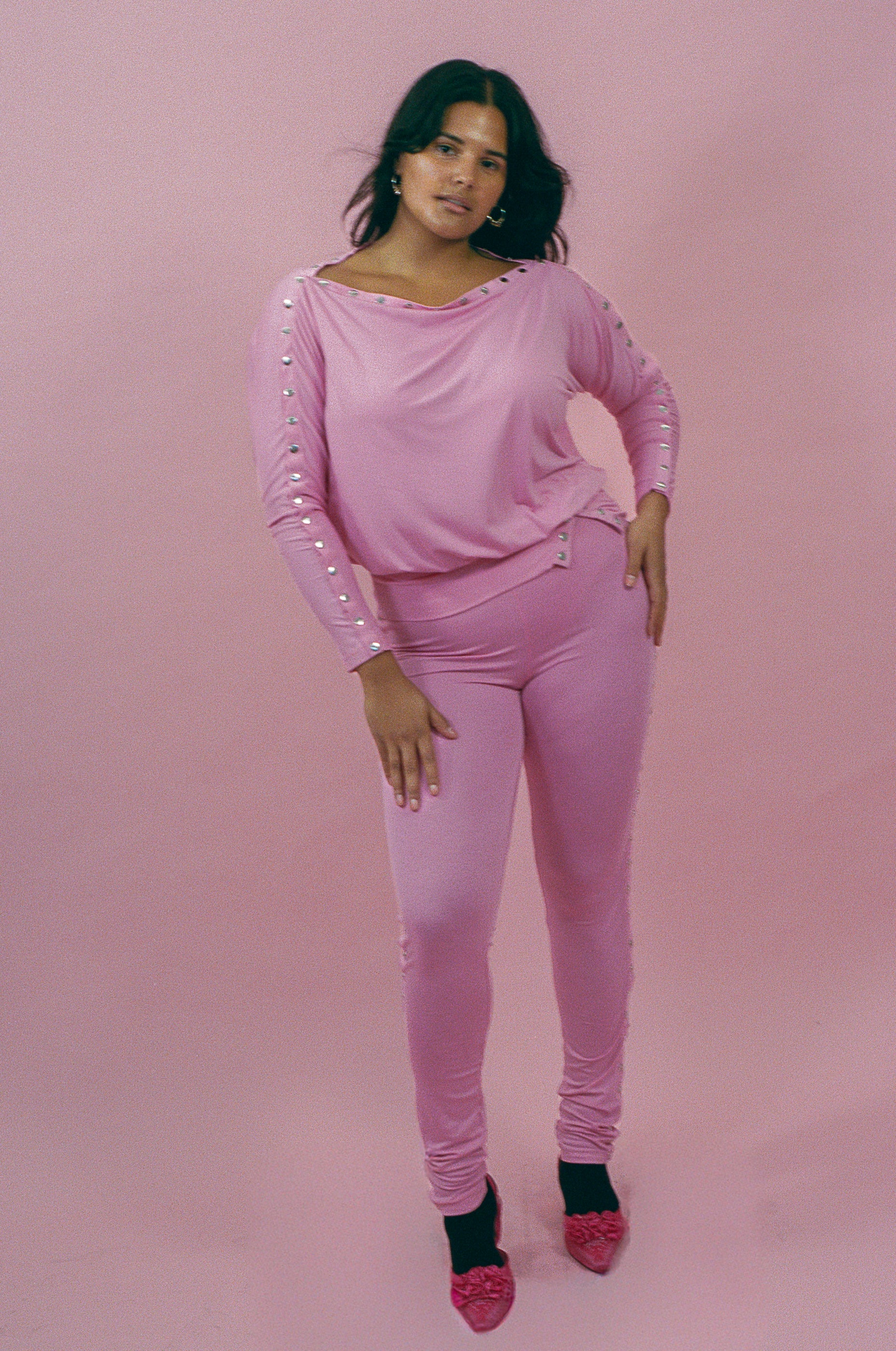 pink viscose elastane snap button drape long sleeve
