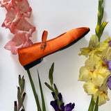tangerine orange satin mary jane shoe