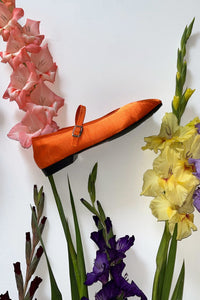 tangerine orange satin mary jane shoe