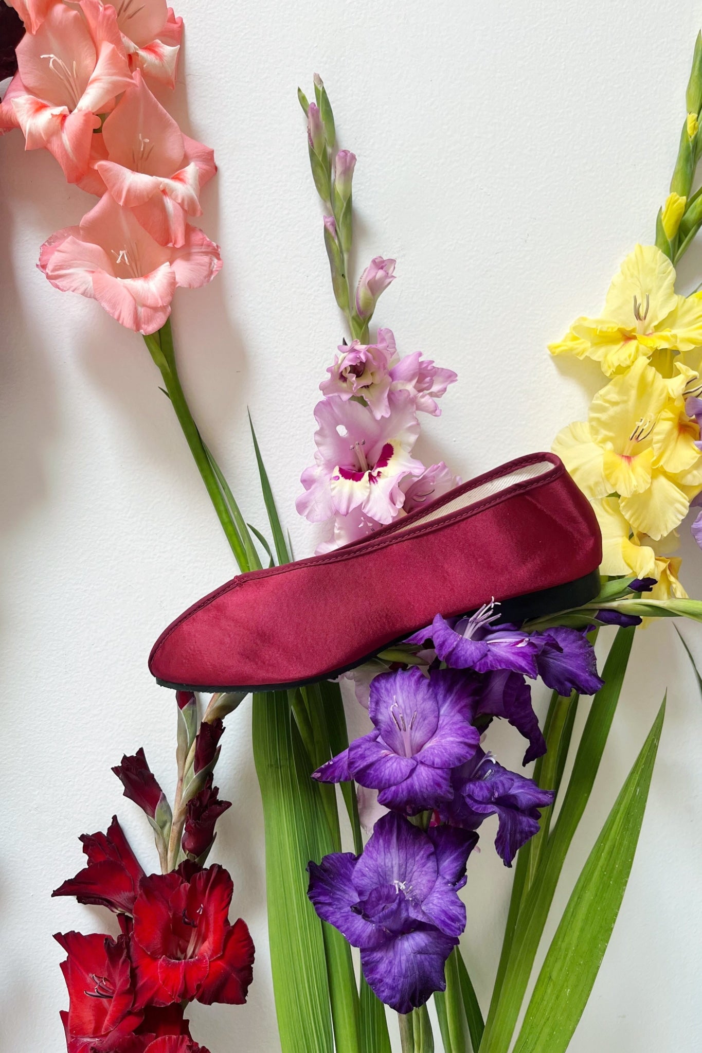 burgundy satin pointed theatre slipper