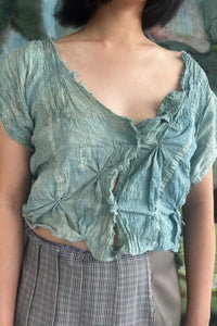 crinkled pinch gathered blouse in naturally dyed aqua