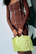 Load image into Gallery viewer, black cotton lime green raffia fringe hand bag