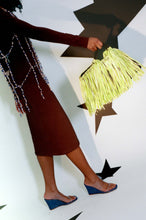 Load image into Gallery viewer, black cotton lime green raffia fringe hand bag