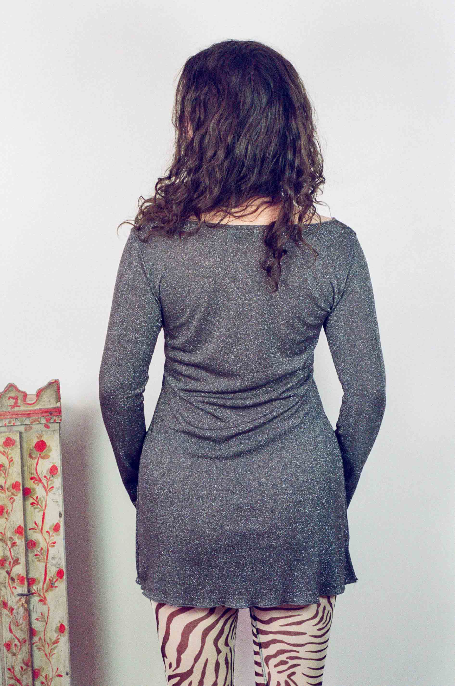 rayon polyester nylon sparkly grey draped mini dress