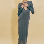 grey lurex fitted waterfall long sleeve maxi dress