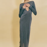 grey lurex fitted waterfall long sleeve maxi dress