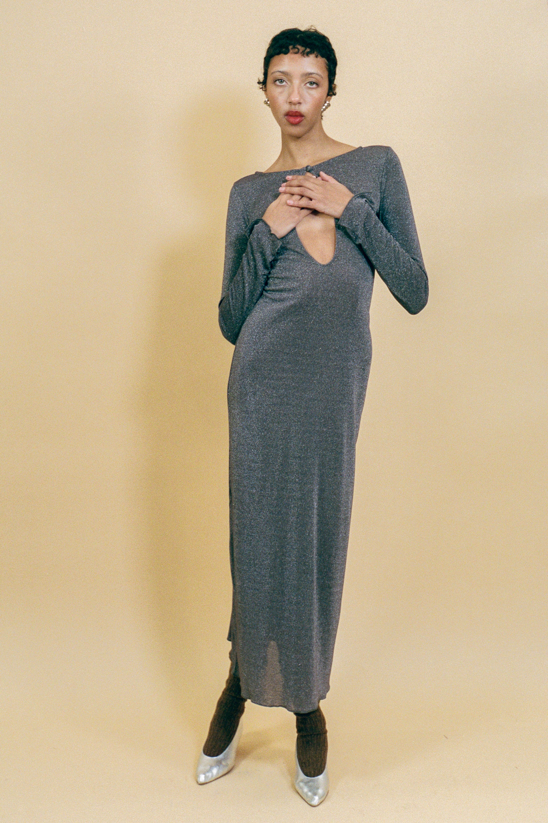 grey lurex fitted waterfall long sleeve maxi dress