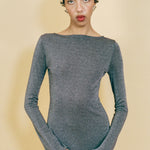 grey lurex fitted waterfall long sleeve maxi dress