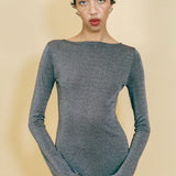 grey lurex fitted waterfall long sleeve maxi dress