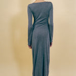 grey lurex fitted waterfall long sleeve maxi dress