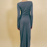 grey lurex fitted waterfall long sleeve maxi dress