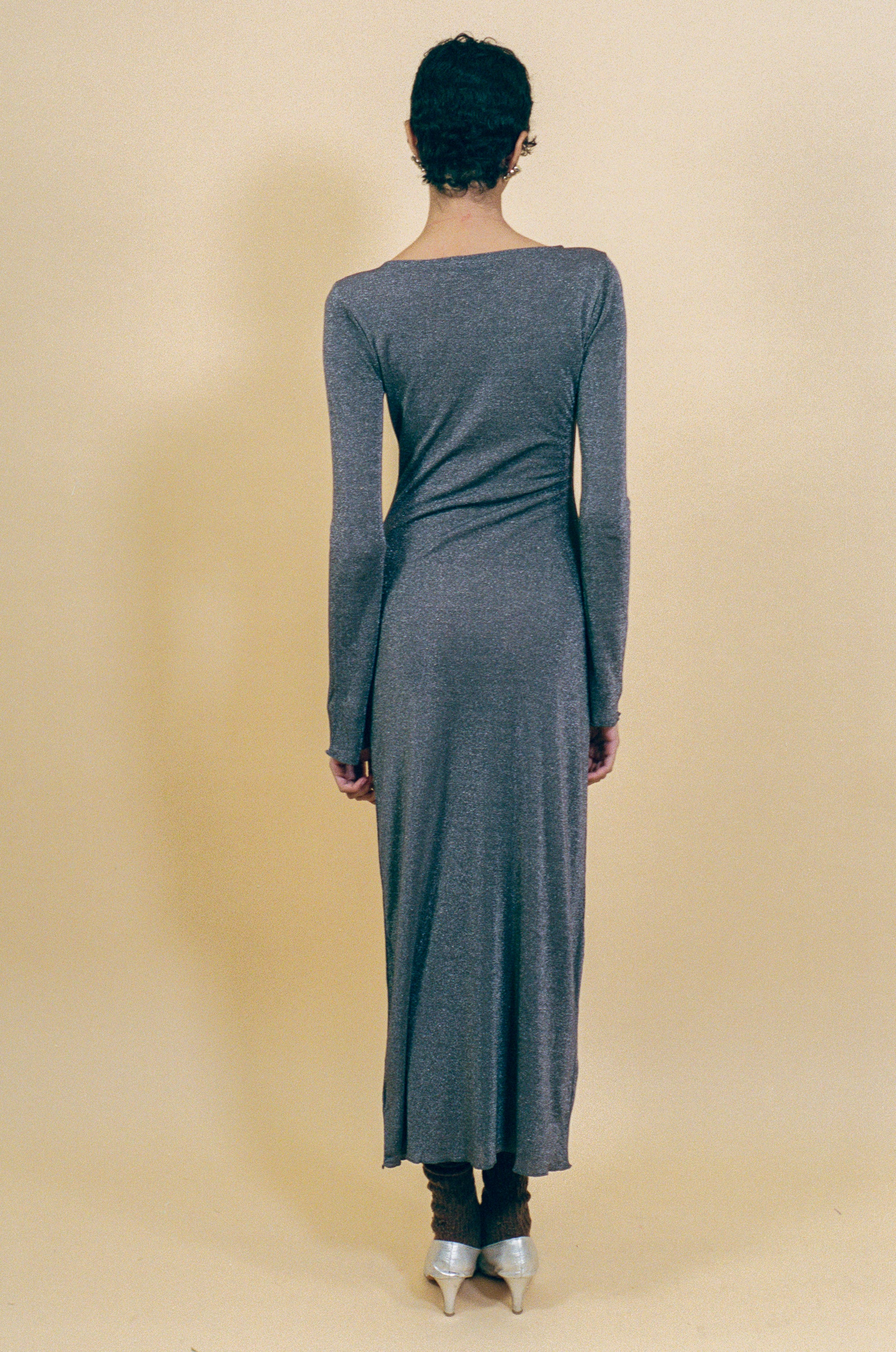 grey lurex fitted waterfall long sleeve maxi dress