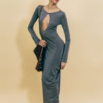 grey lurex fitted waterfall long sleeve maxi dress
