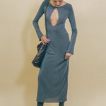 grey lurex fitted waterfall long sleeve maxi dress