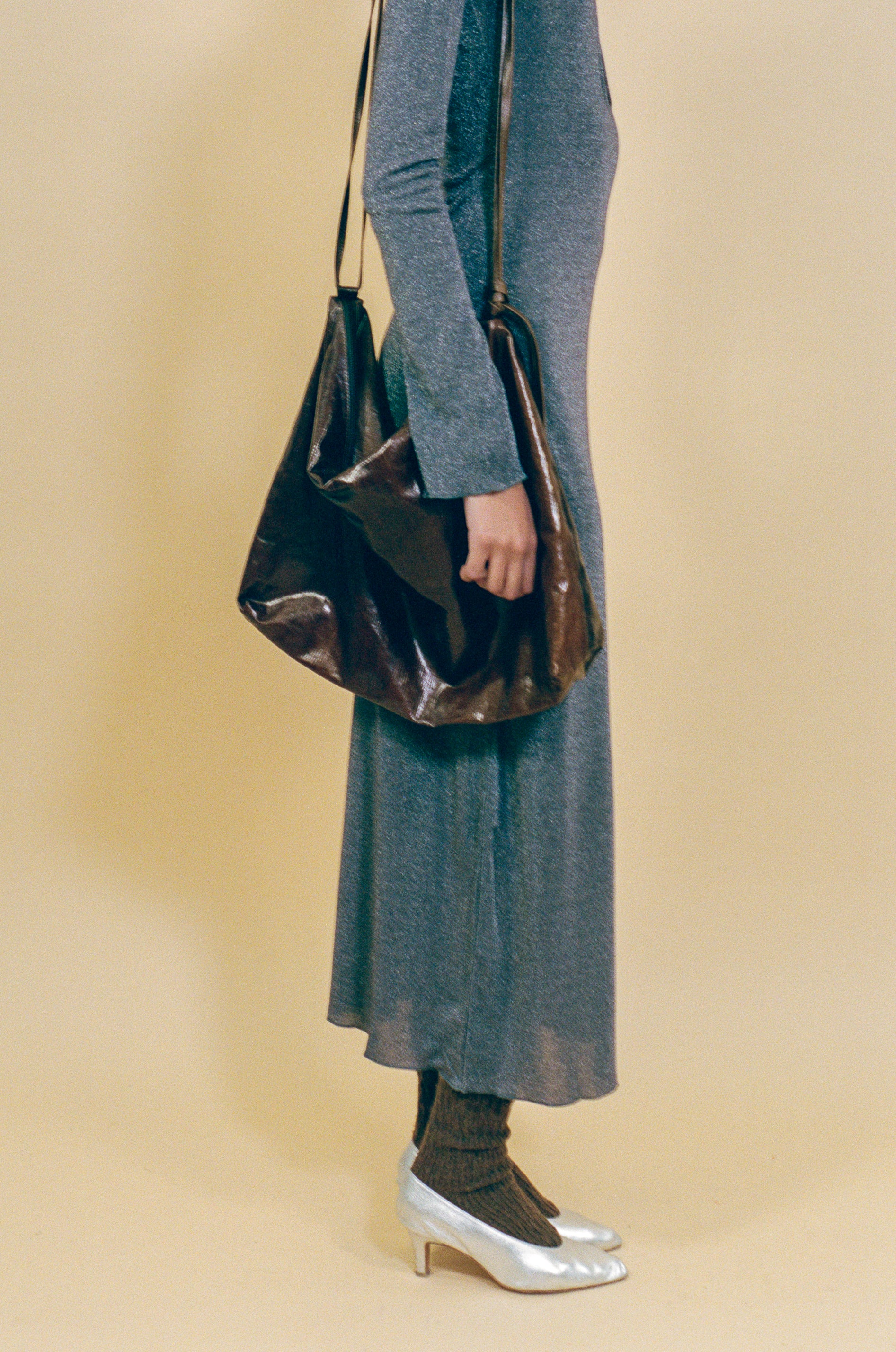 grey lurex fitted waterfall long sleeve maxi dress