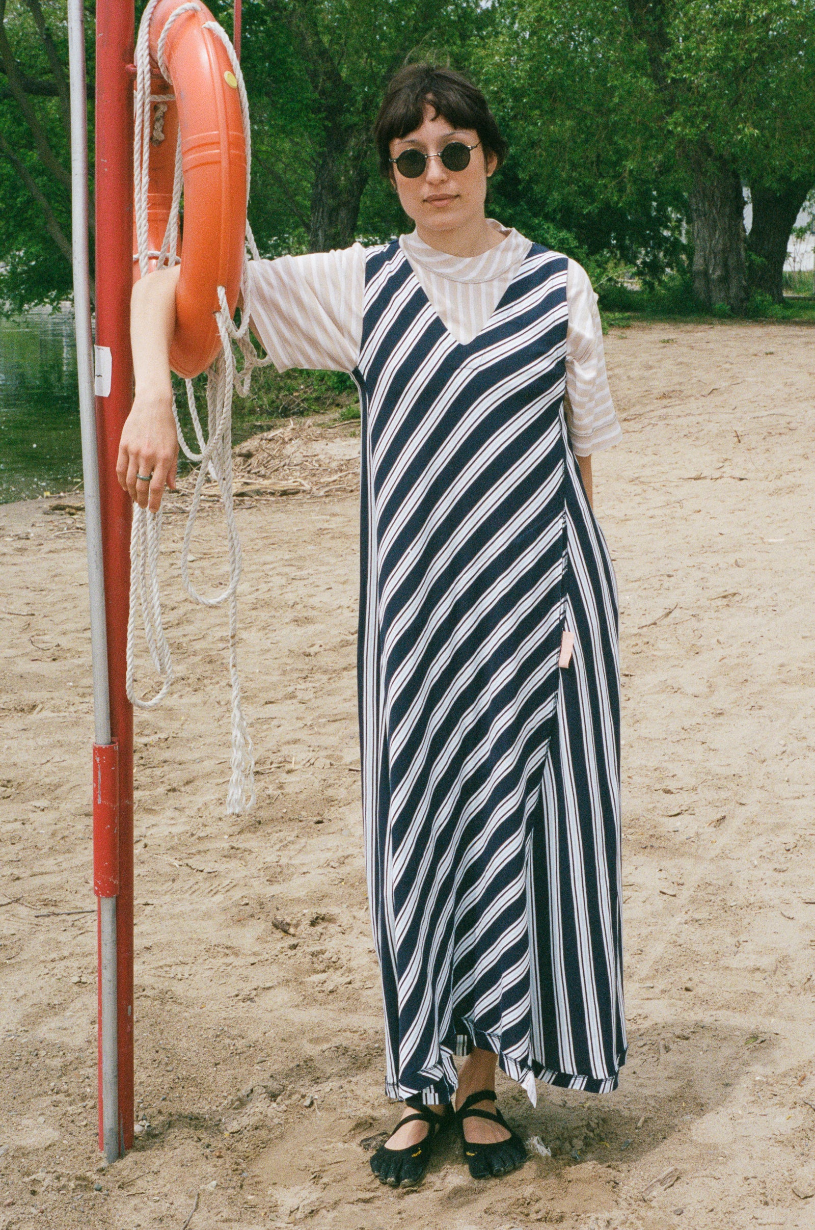 jersey pique maxi slip dress navy white stripes
