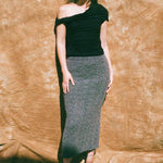 grey boucle wool fitted midi skirt
