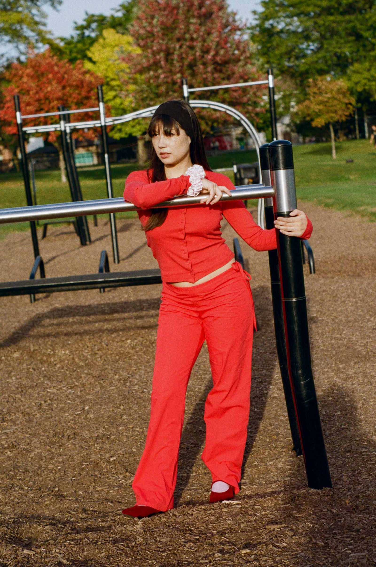 tomato red cotton fitted long sleeve cardigan