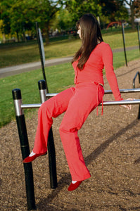 tomato red cotton fitted long sleeve cardigan