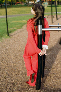 tomato red cotton fitted long sleeve cardigan