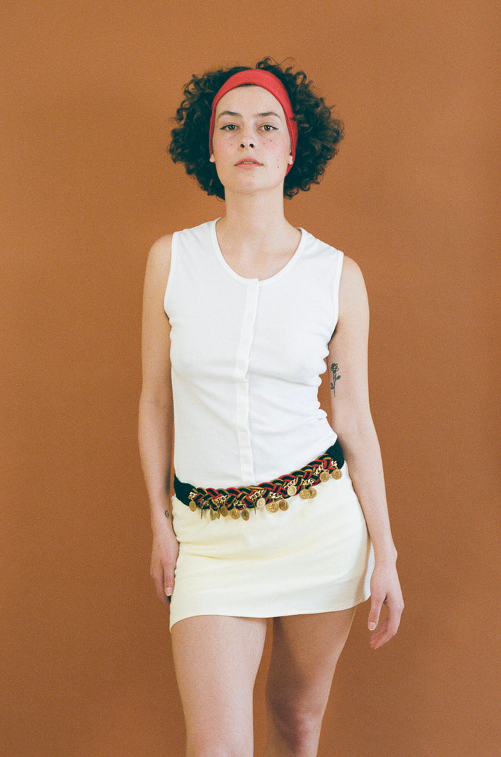 white cotton fitted sleeveless cardigan