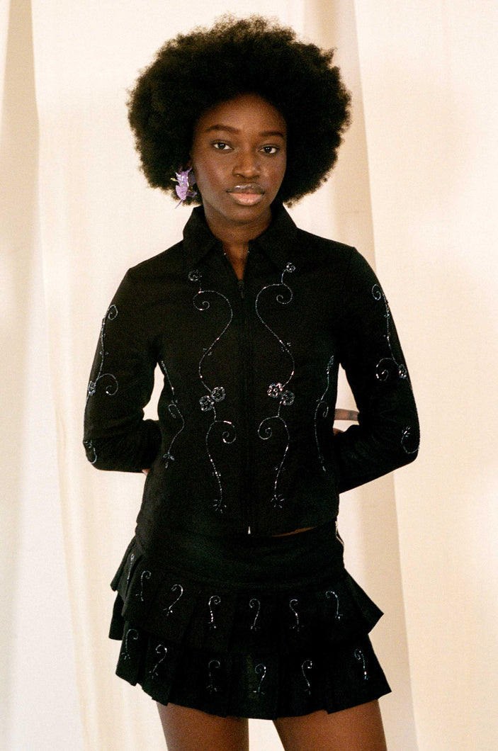 iridescent embroidered black linen fitted zip up shirt