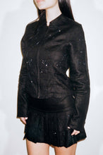 Load image into Gallery viewer, iridescent embroidered black linen fitted zip up shirt