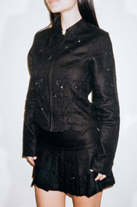 iridescent embroidered black linen fitted zip up shirt