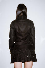 Load image into Gallery viewer, iridescent embroidered black linen fitted zip up shirt