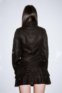 iridescent embroidered black linen fitted zip up shirt