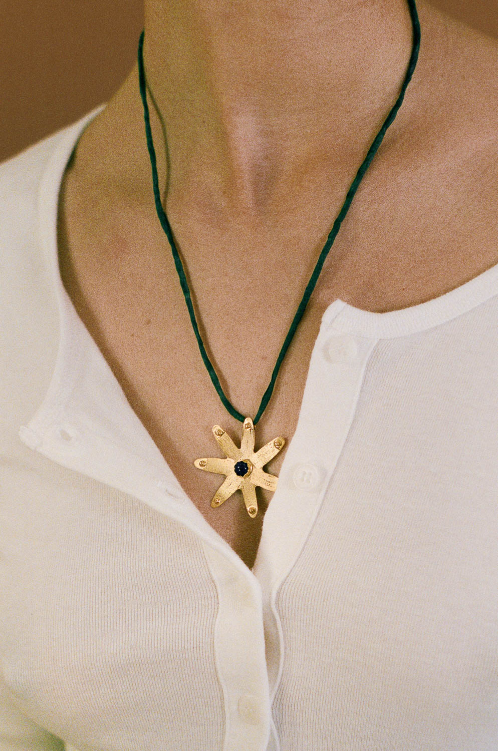 gold plated silver flower necklace green silk cord