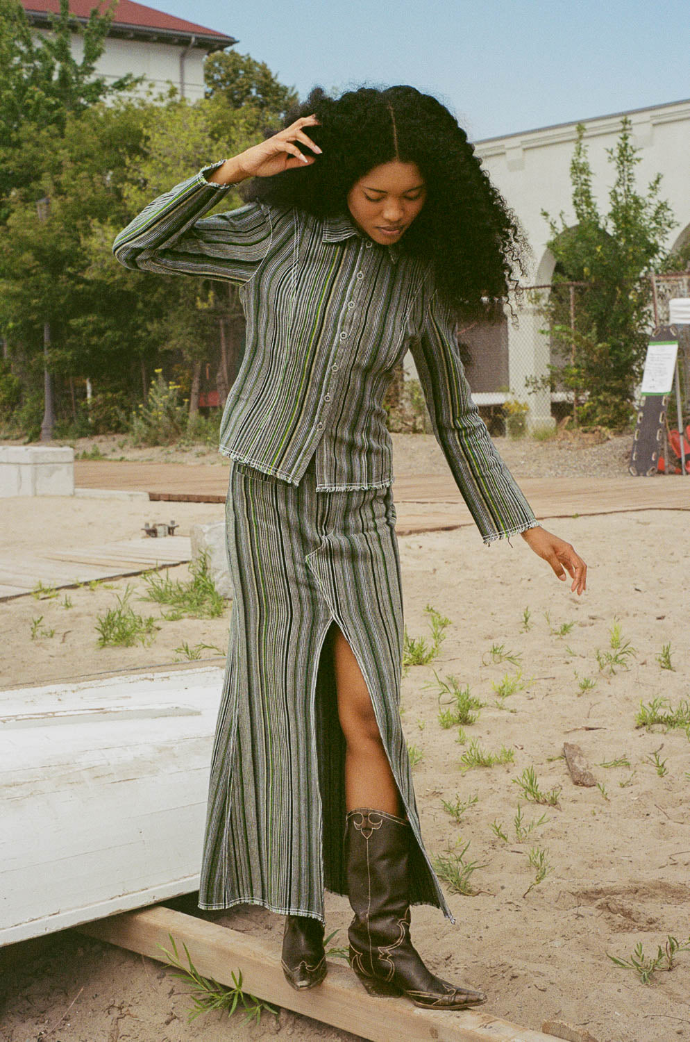 cotton loom weave grey pinstripe split maxi skirt