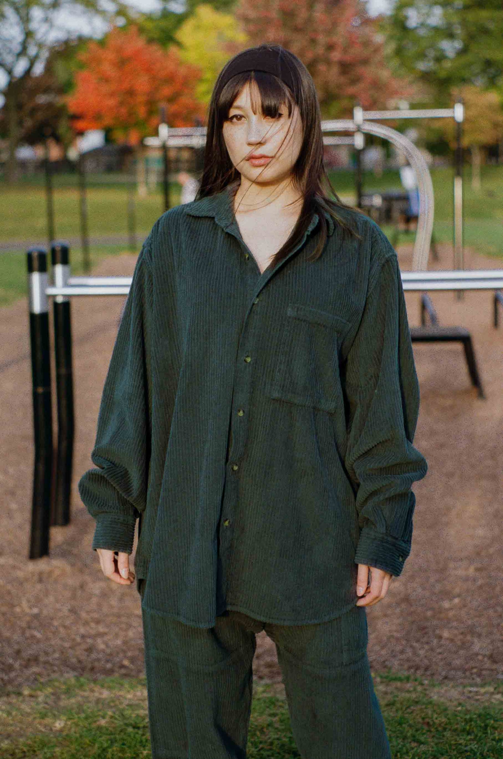 green cotton corduroy oversized button up