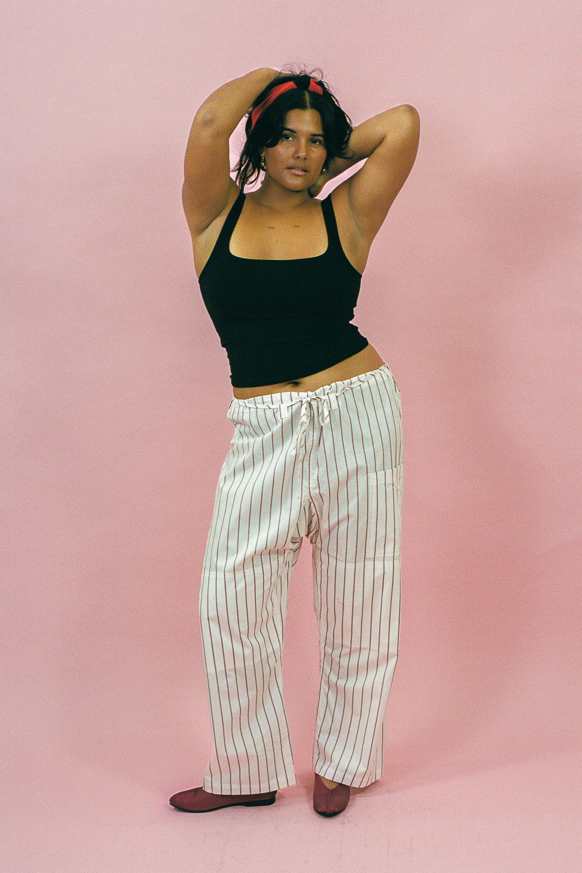 white burgundy striped cotton baggy straight leg pant