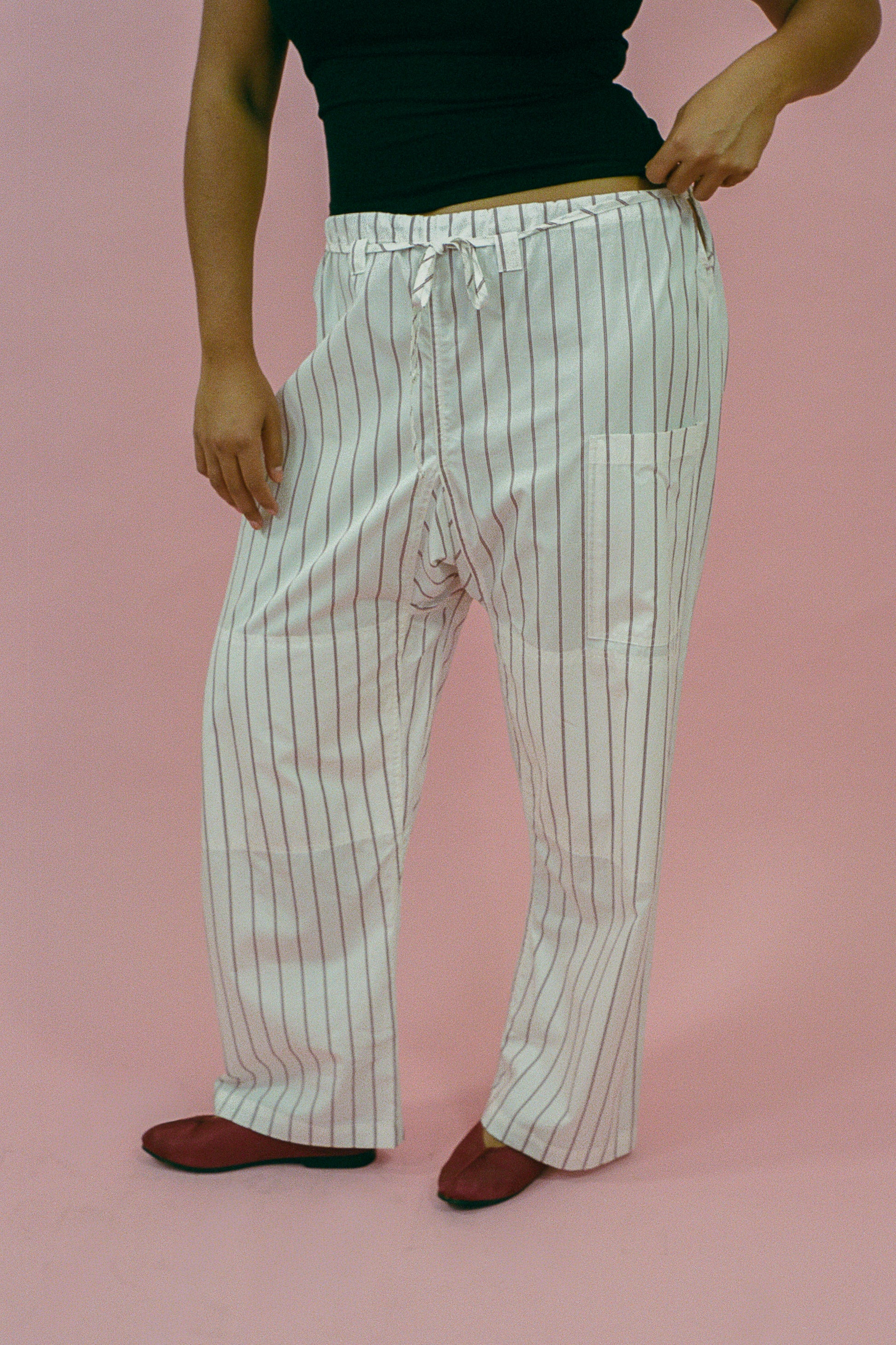 white burgundy striped cotton baggy straight leg pant