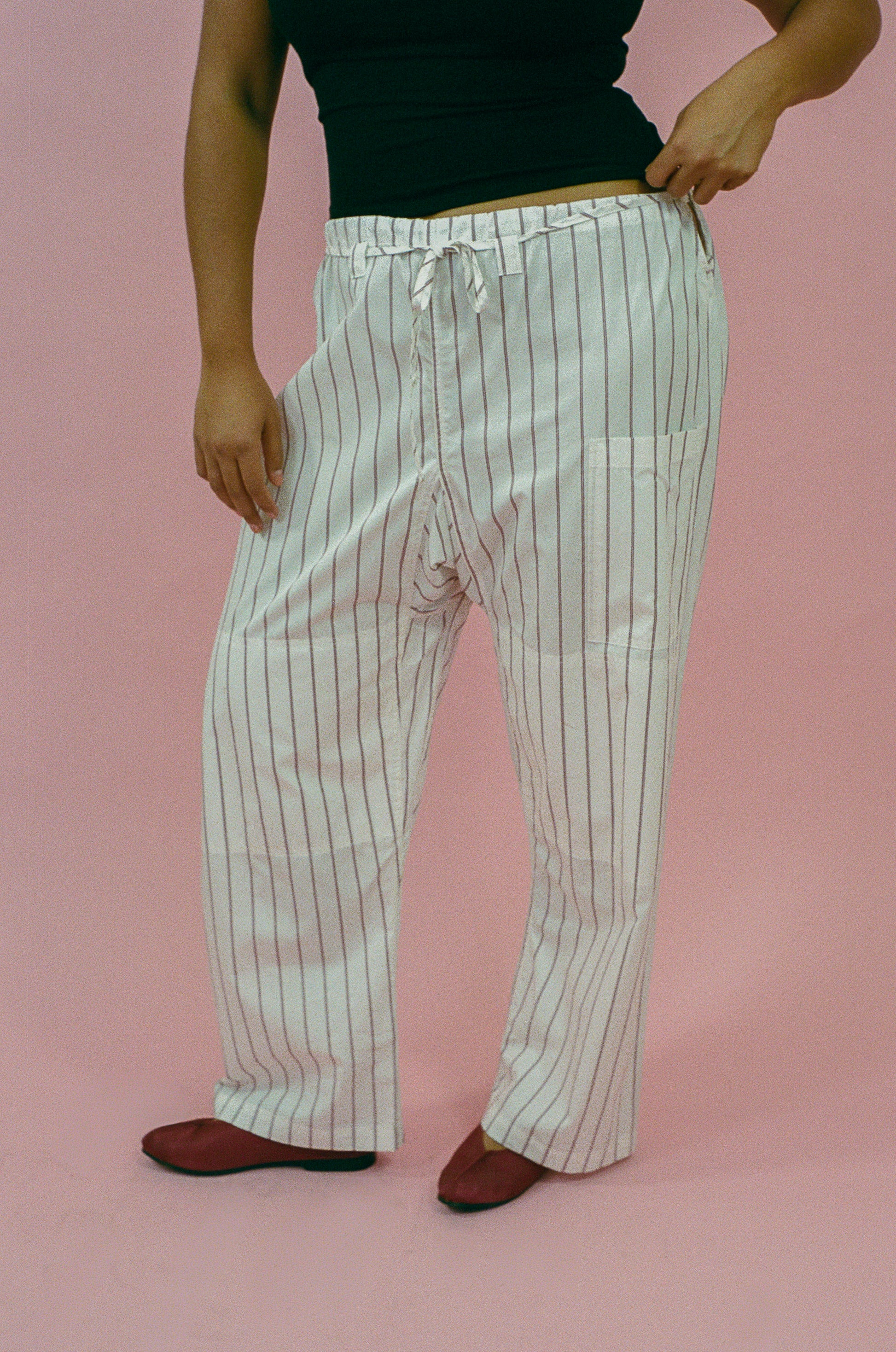 white burgundy striped cotton baggy straight leg pant