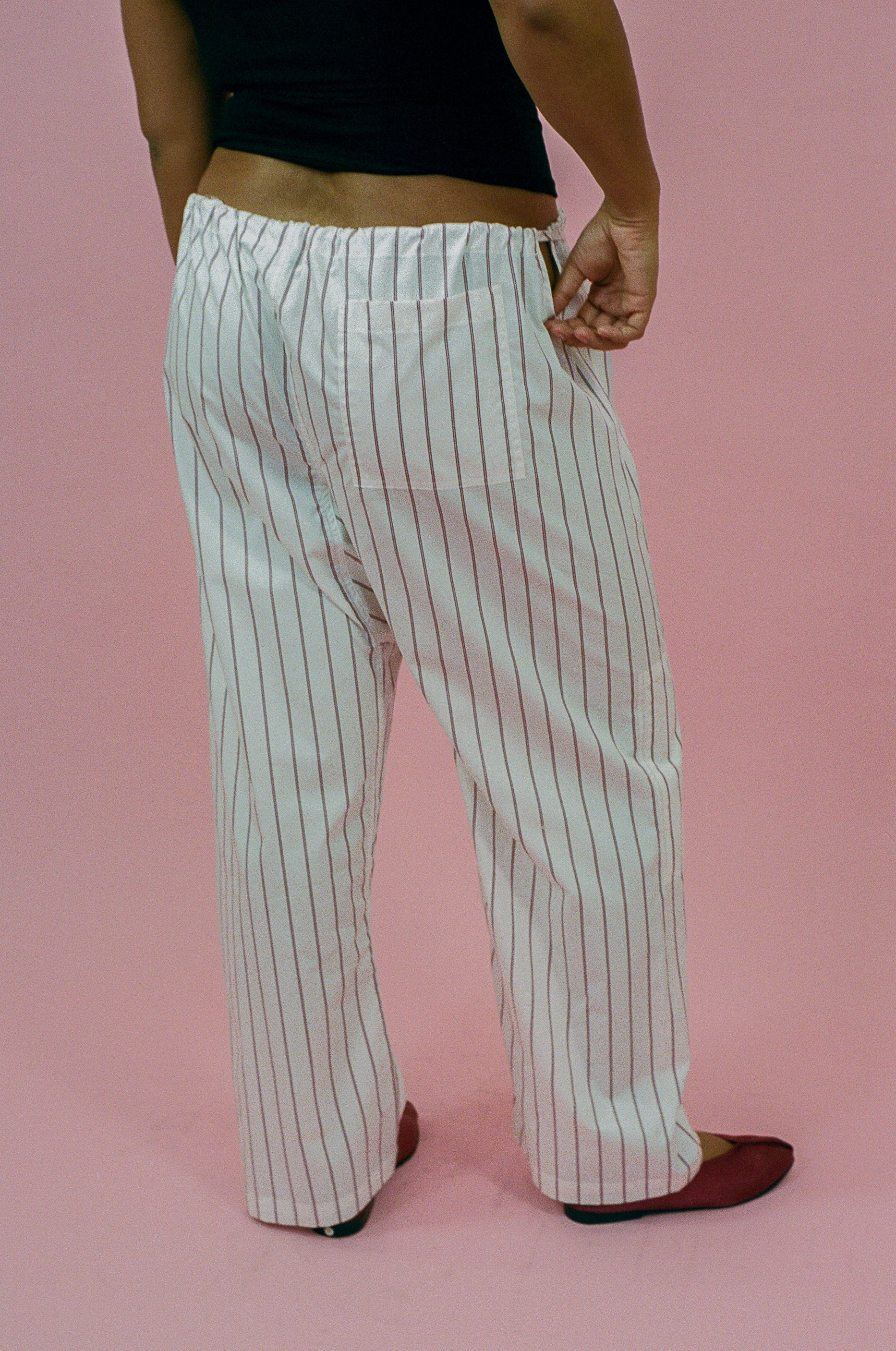 white burgundy striped cotton baggy straight leg pant