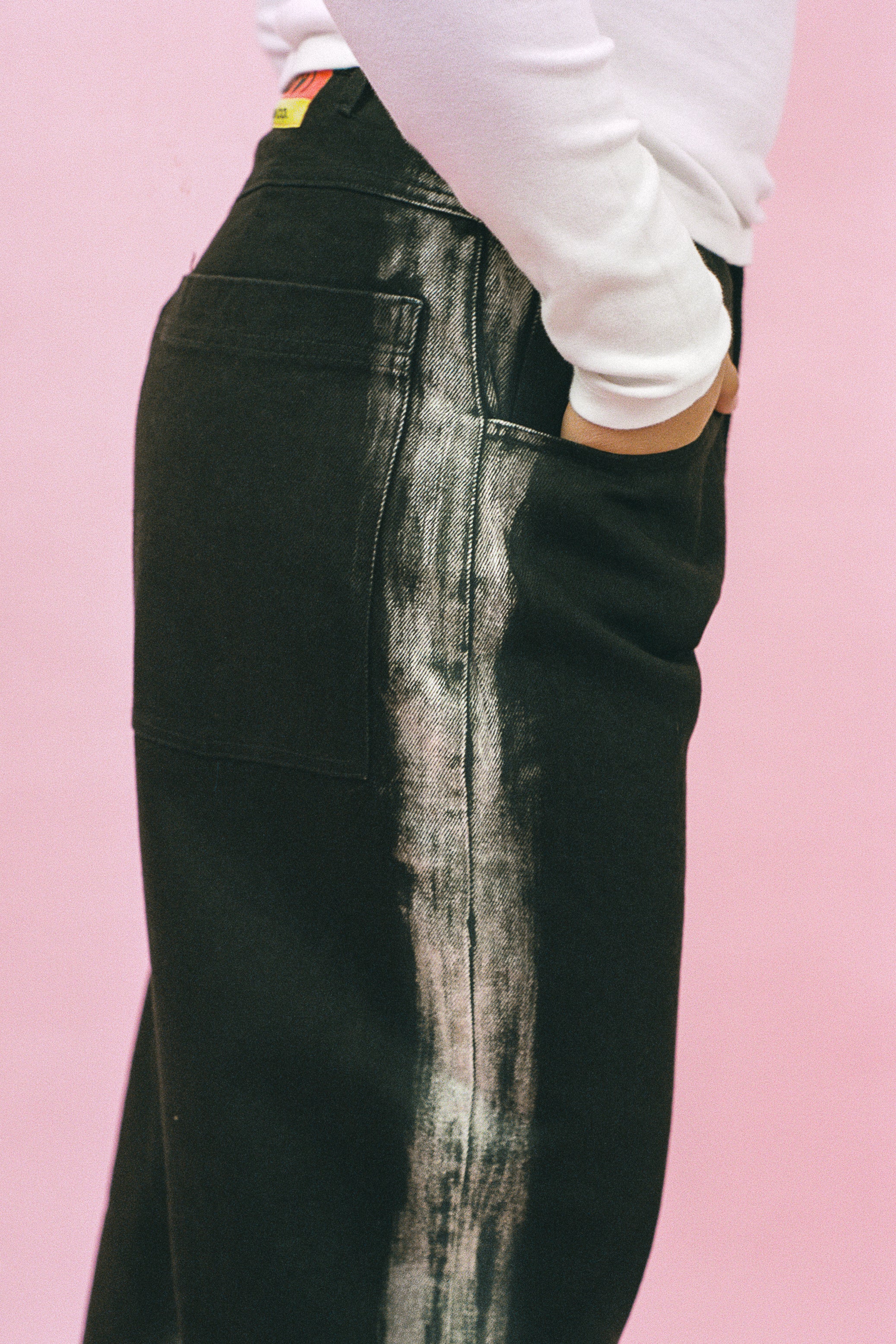 black with white discharge cotton denim skater jean