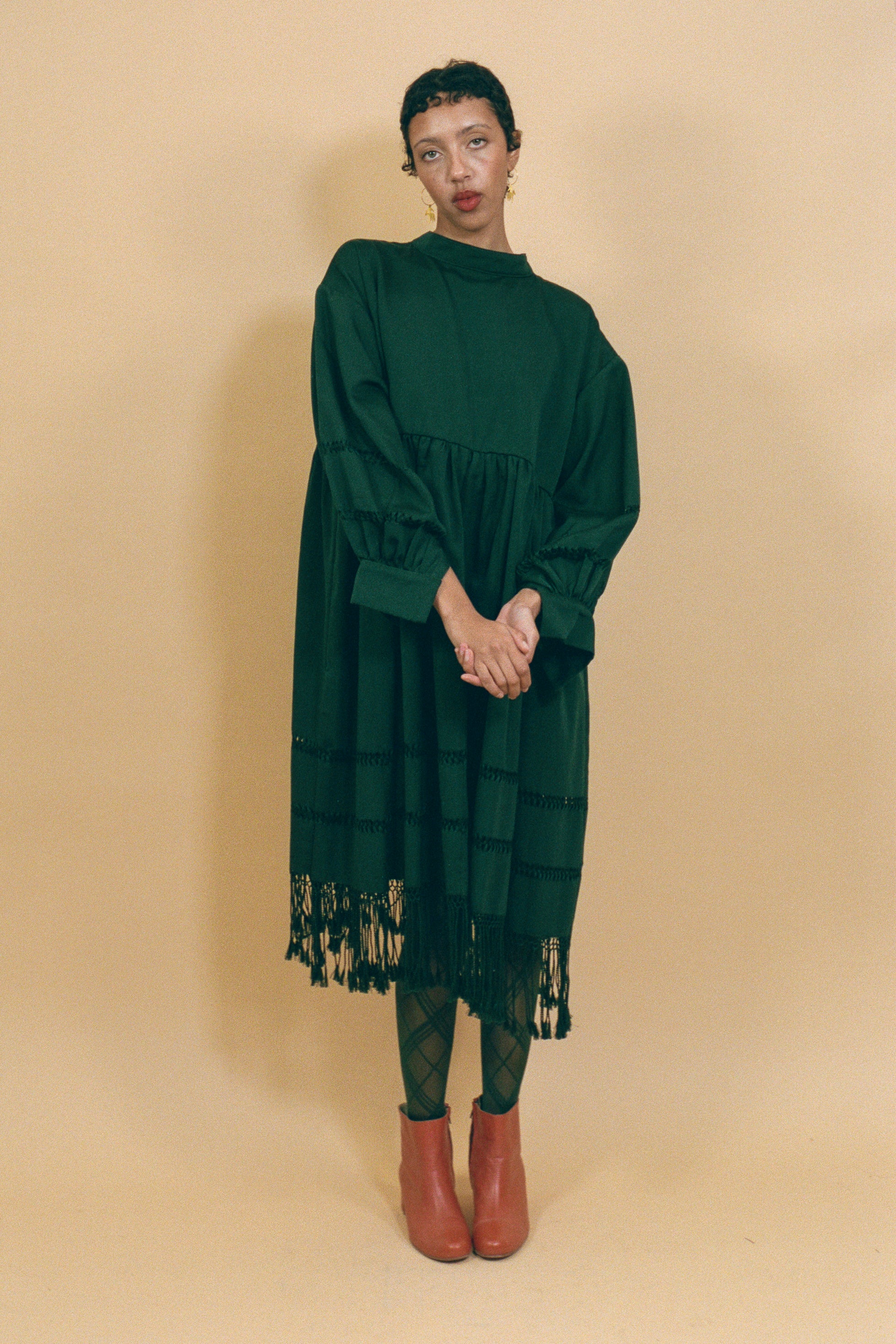 dark green cotton fringed tassel tunic dress