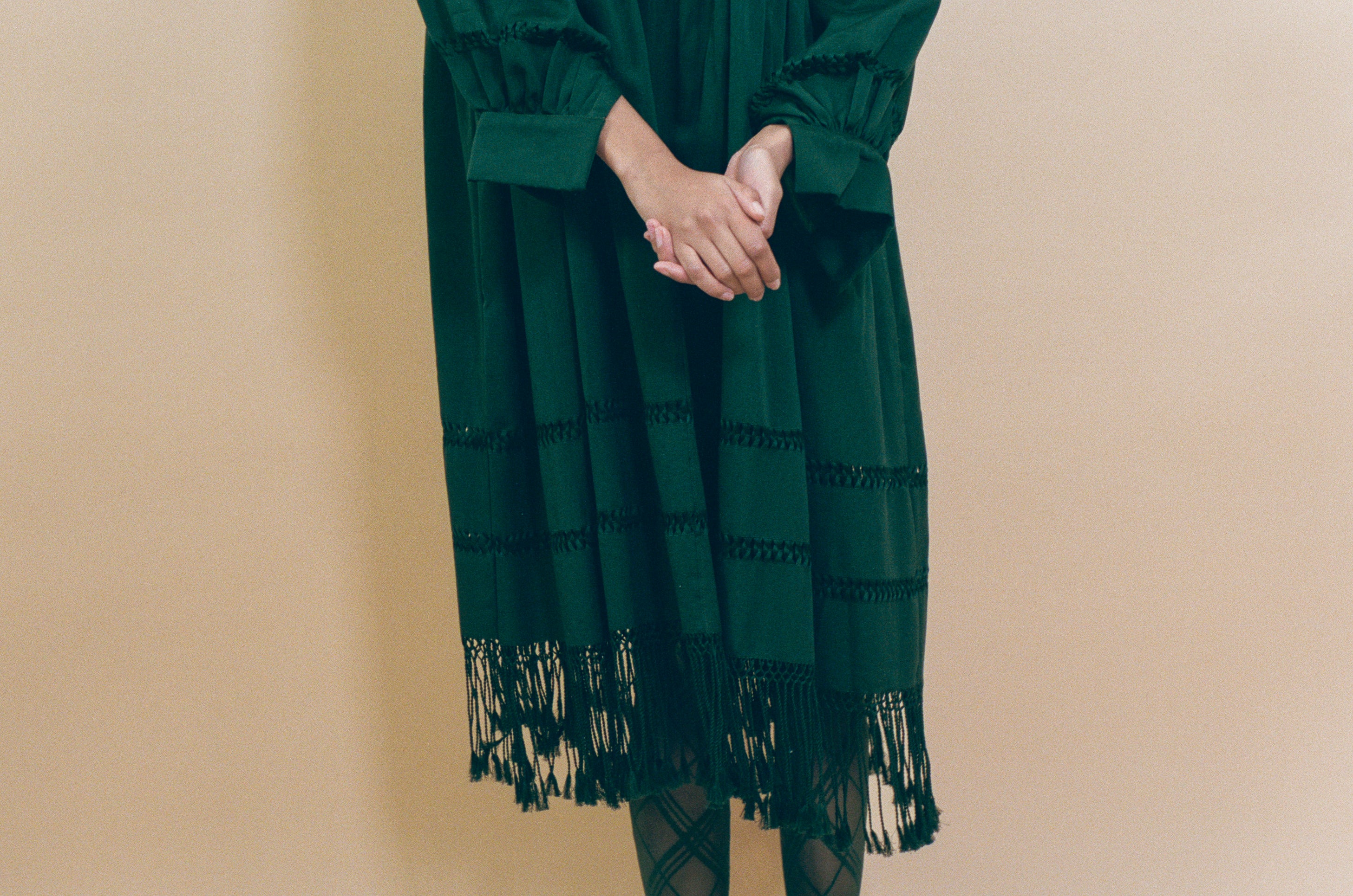 dark green cotton fringed tassel tunic dress